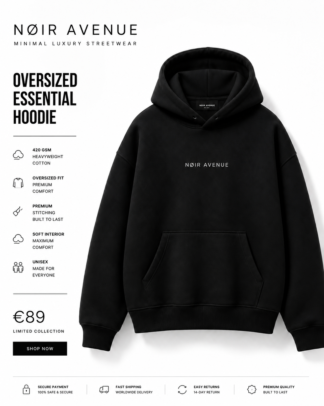 NØIR Avenue Oversized Hoodie — Noir Black