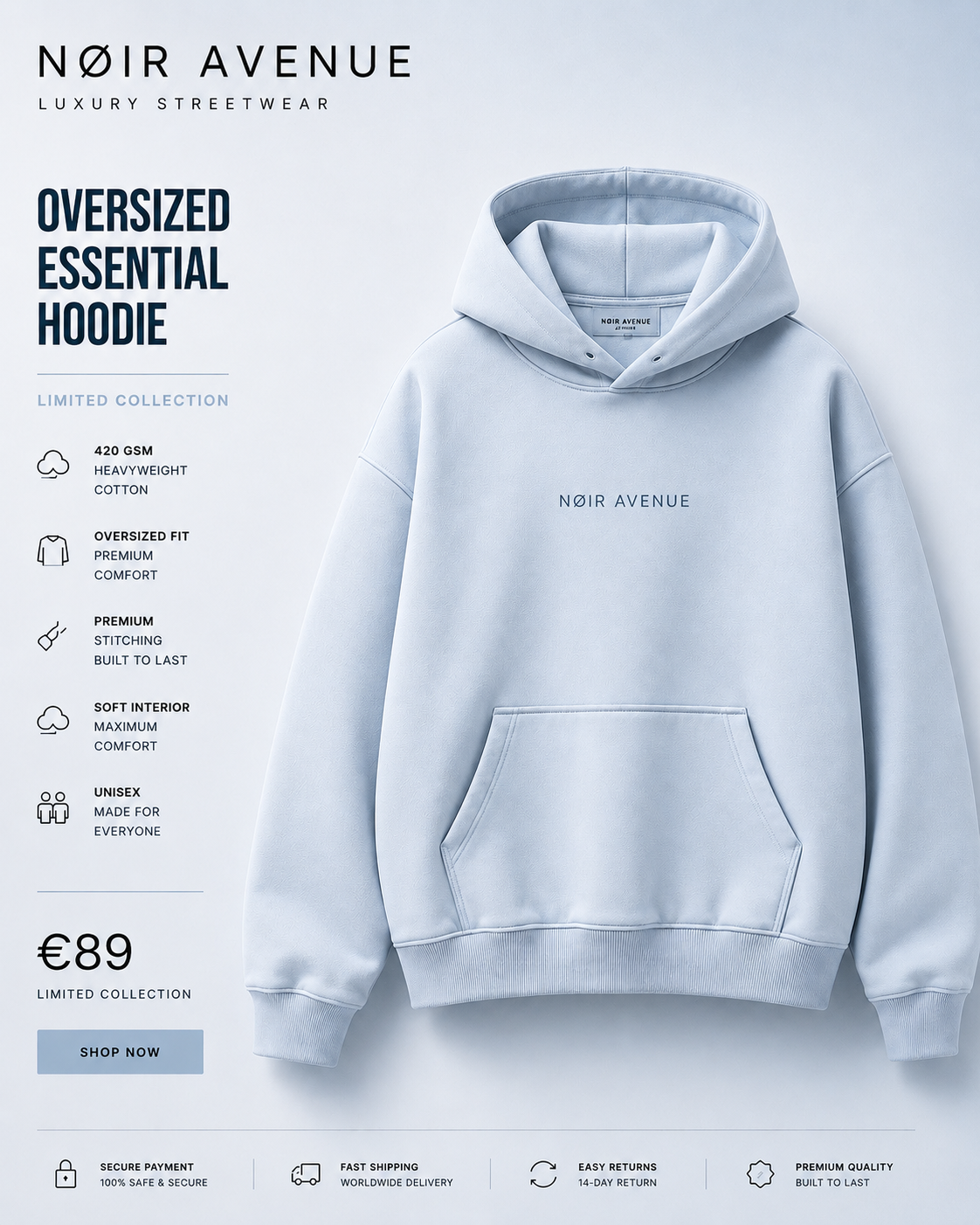 NØIR Avenue Oversized Hoodie in Ice Blue