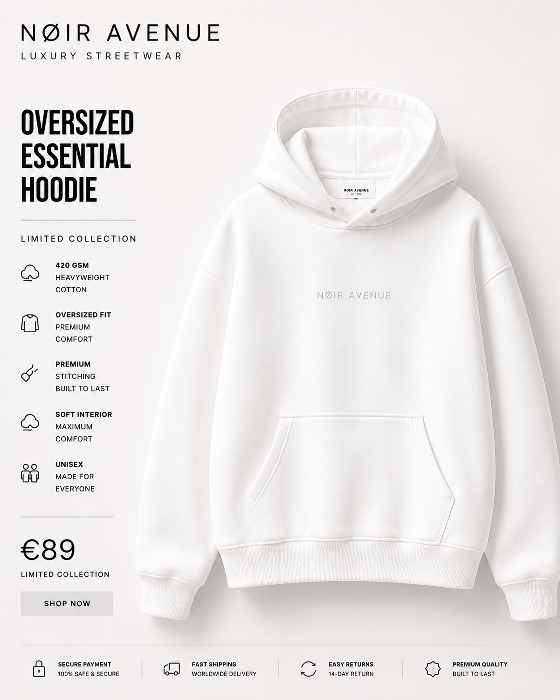 Create premium oversized hoodie product photography for NØIR AVENUE.