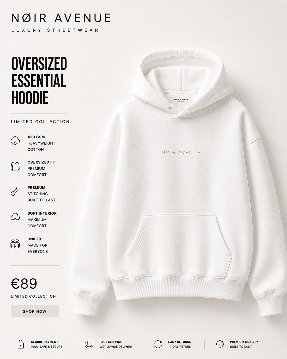 NØIR Avenue Oversized Hoodie — Cloud White