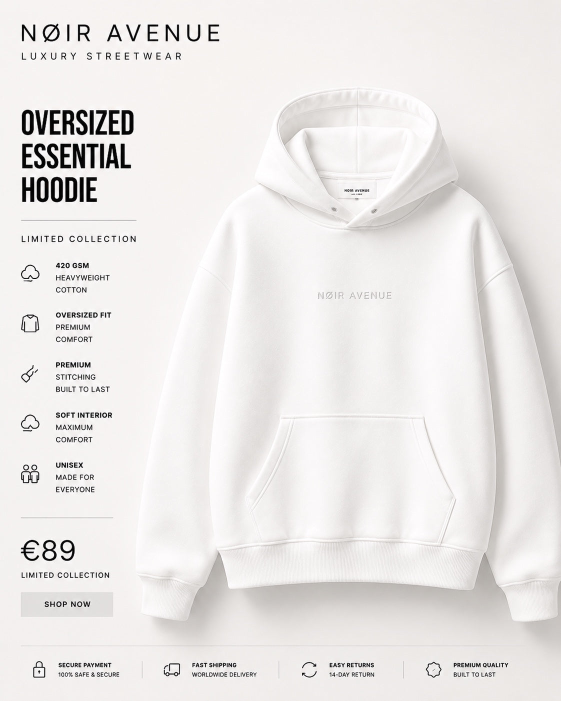 NØIR Avenue oversized essential hoodie in White